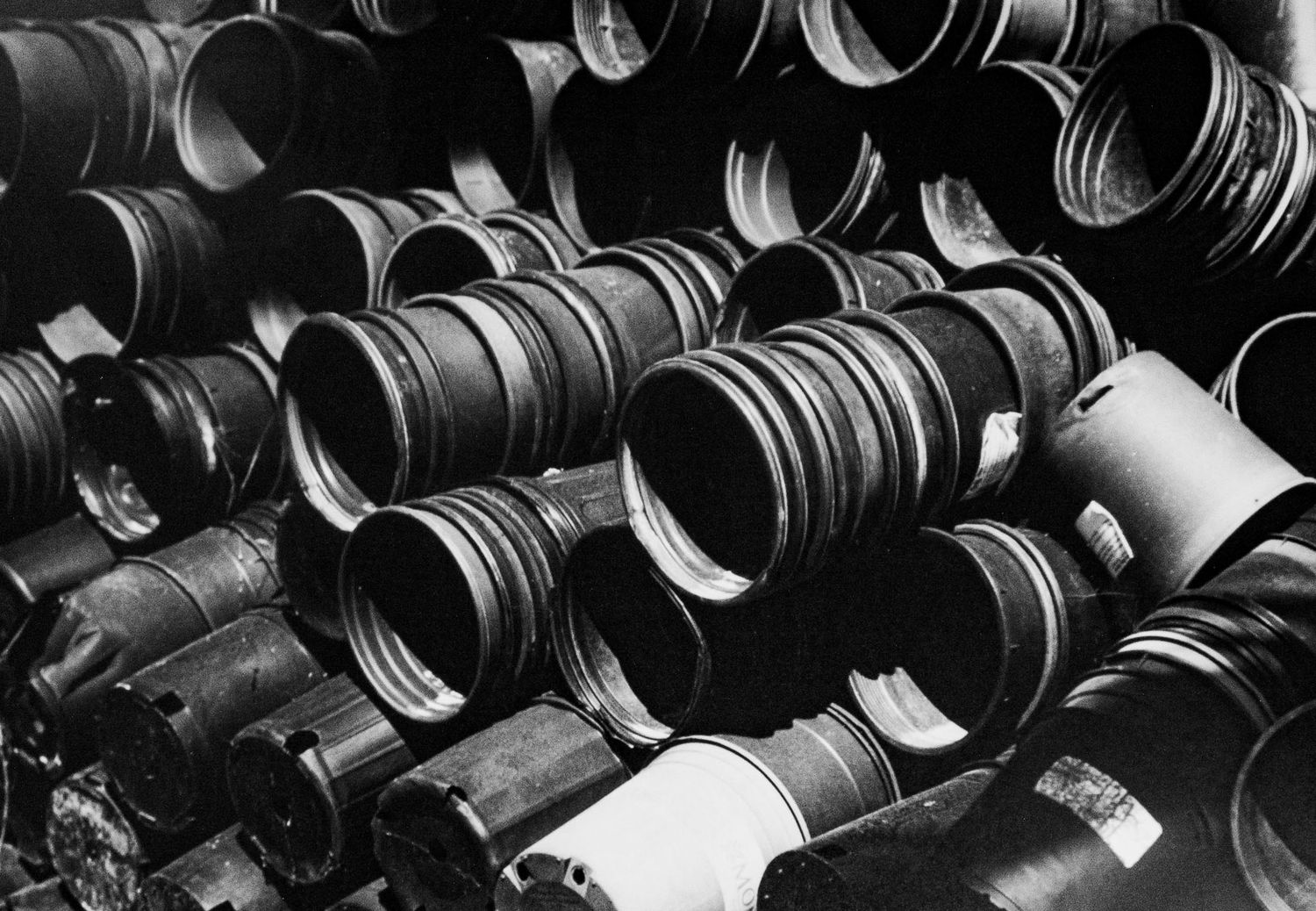 Black and white silver gelatin print of discarded plastic planter pots at commercial nursery, San Marcos, CA