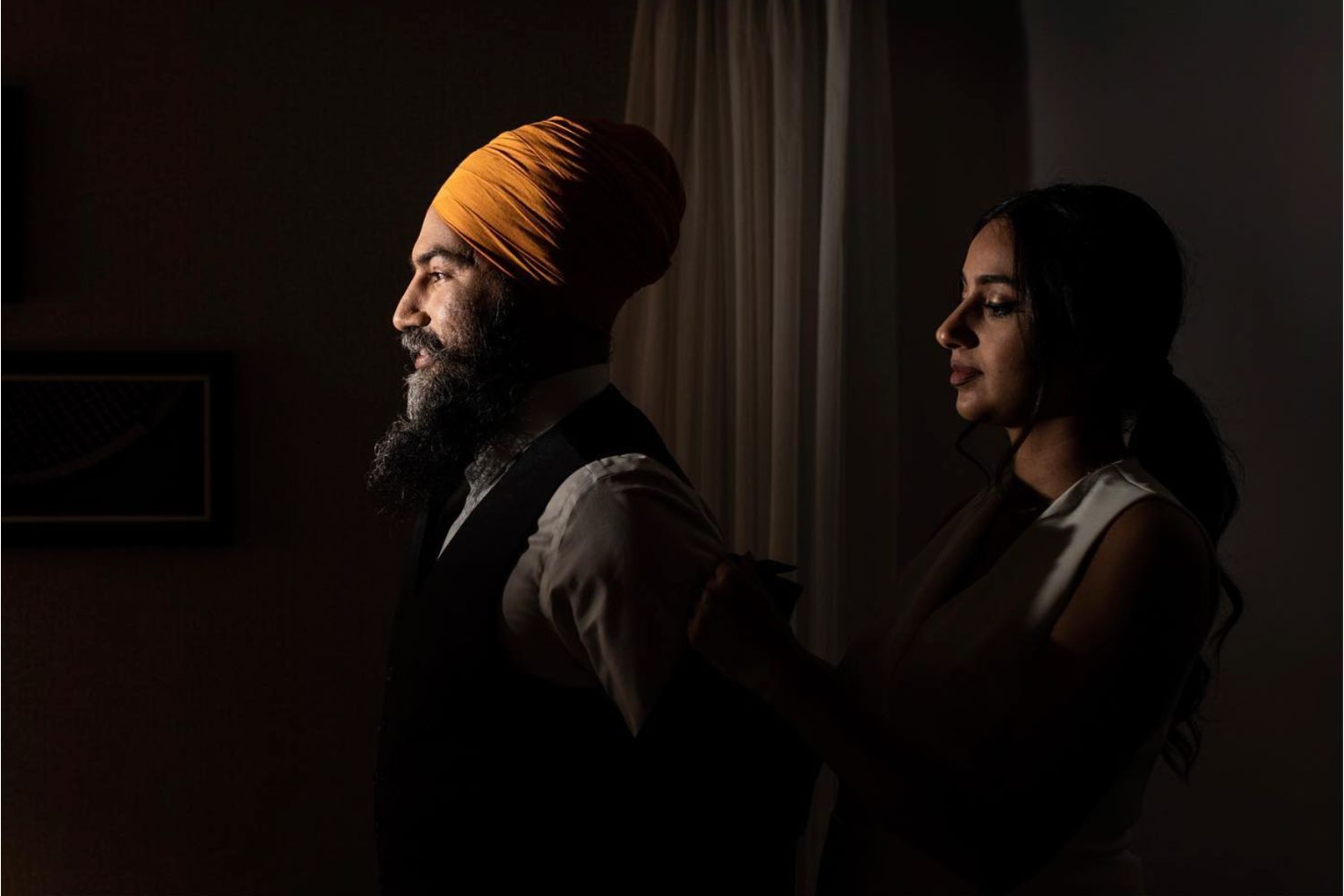 Jagmeet Singh is helped by his wife, Gurkiran Kuar, before the Canadian election debate documentary photography