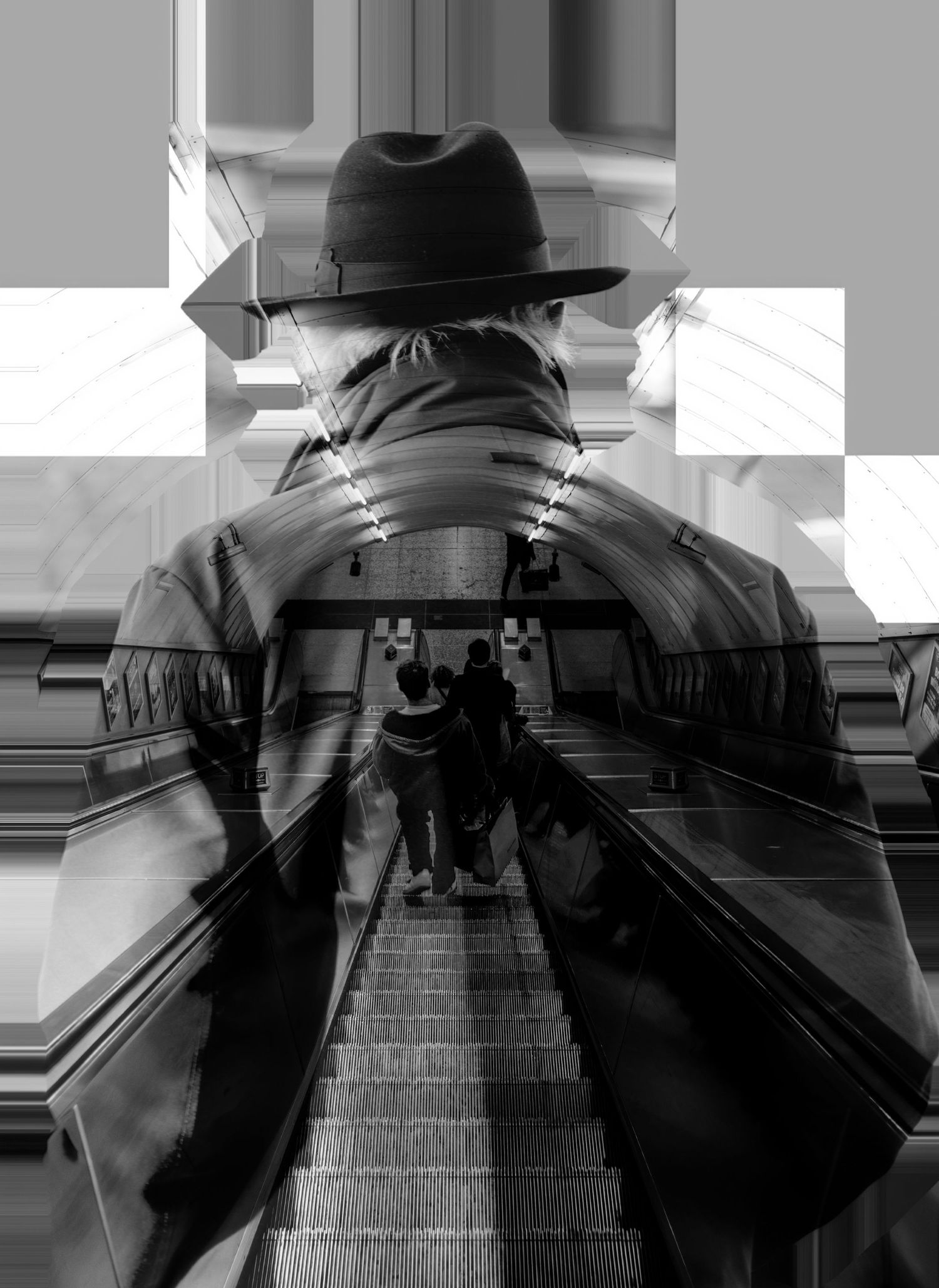 Black and white double exposure of man in hat and subway escalator.