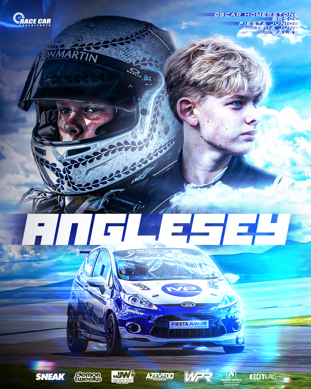 Anglesey racing event poster featuring a helmeted driver, young racer, and a blue Ford Fiesta race car with sponsor logos.