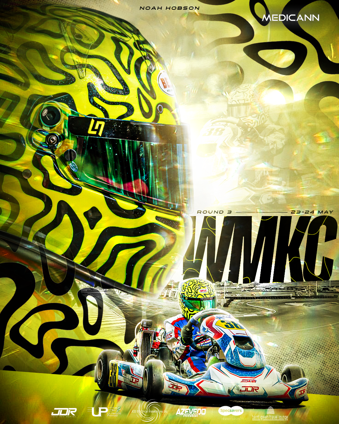 Noah Hobson WMKC Round 3 karting promotional poster featuring a yellow patterned helmet and racing kart action shot.
