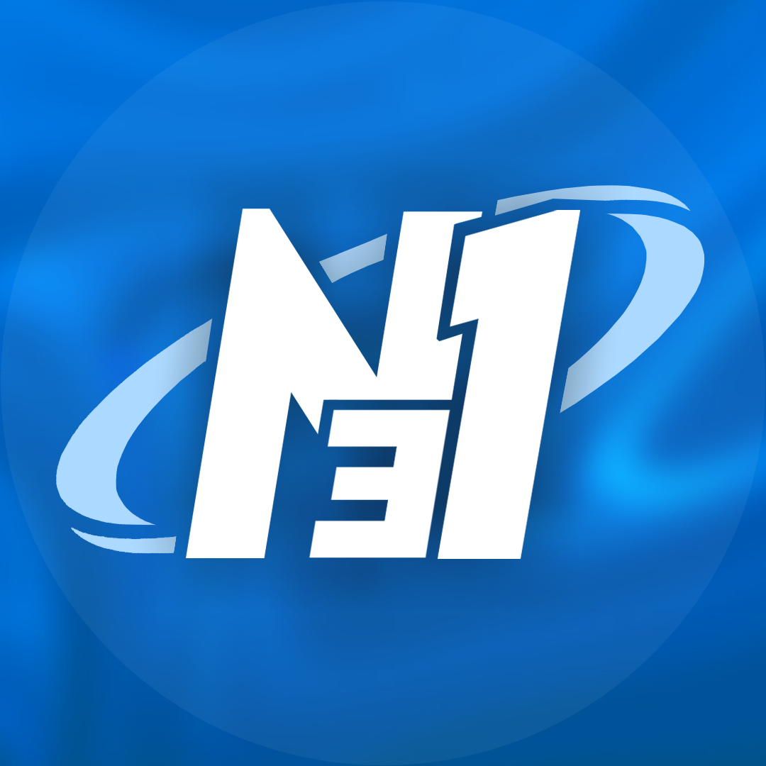 Dynamic blue racing graphics with white text elements against a vibrant background.