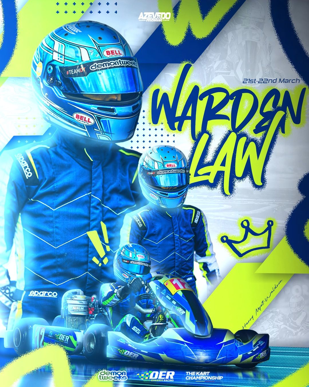 Professional racing suit and helmet design in blue with neon accents.