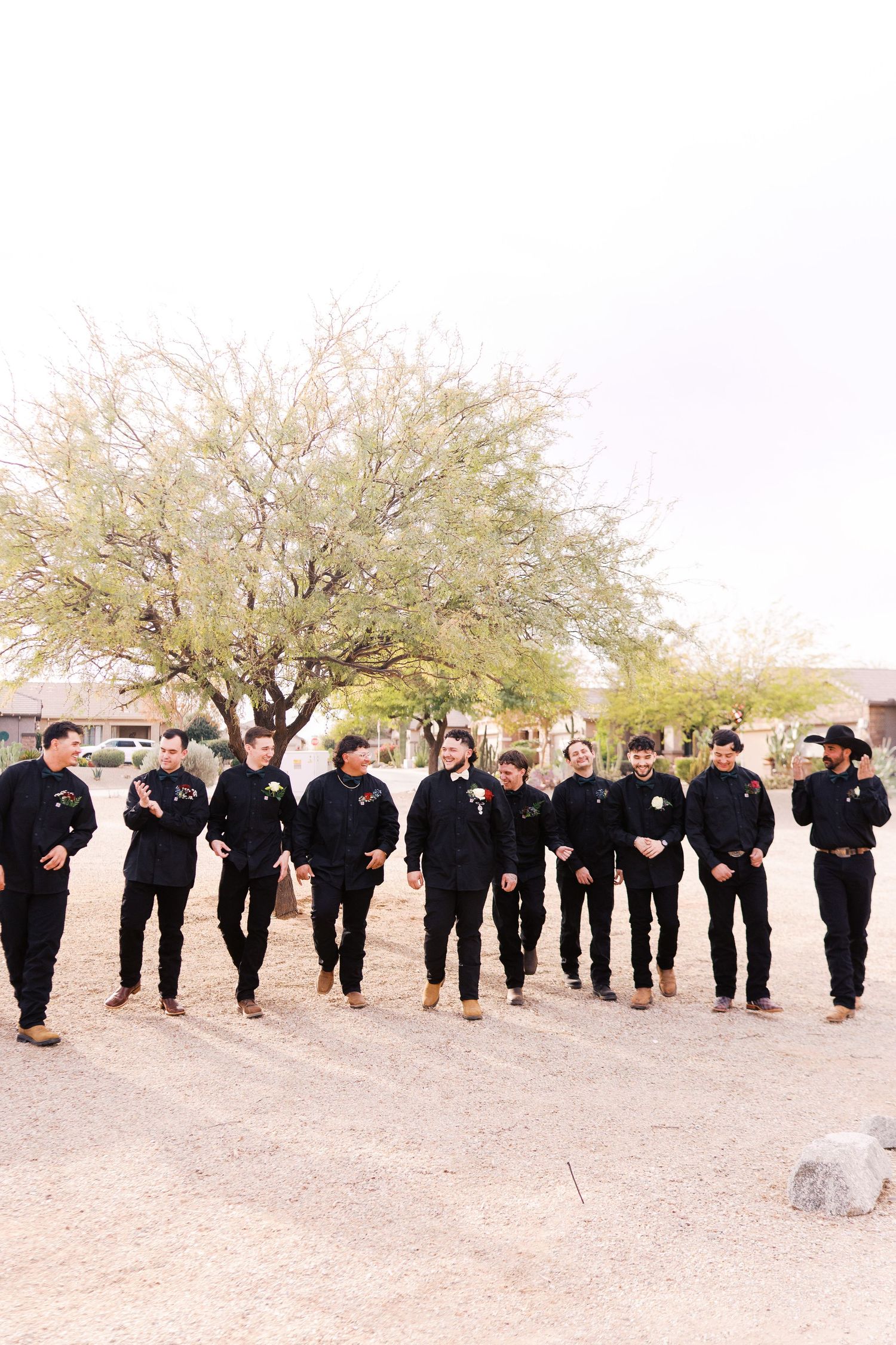 A group wearing black suits and boots stands in a line outdoors under a blooming desert tree on a sunny day.