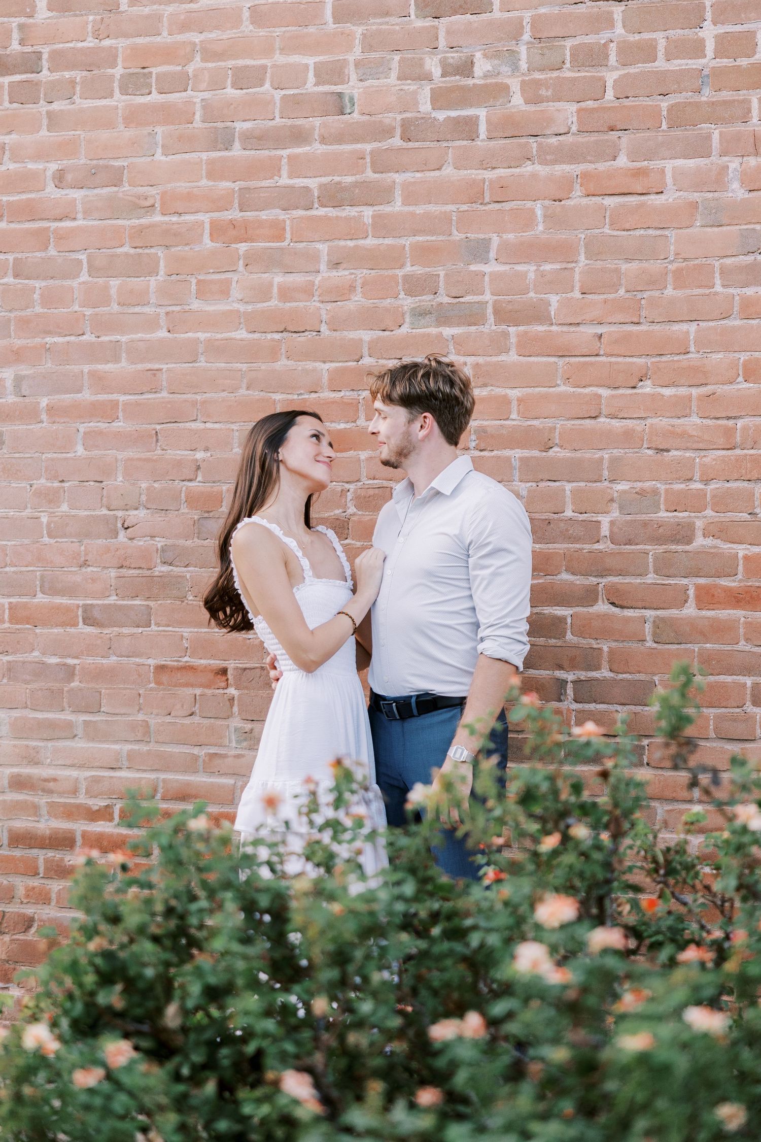 A romantic couple embraces against a rustic brick wall with blooming rose bushes in the foreground.