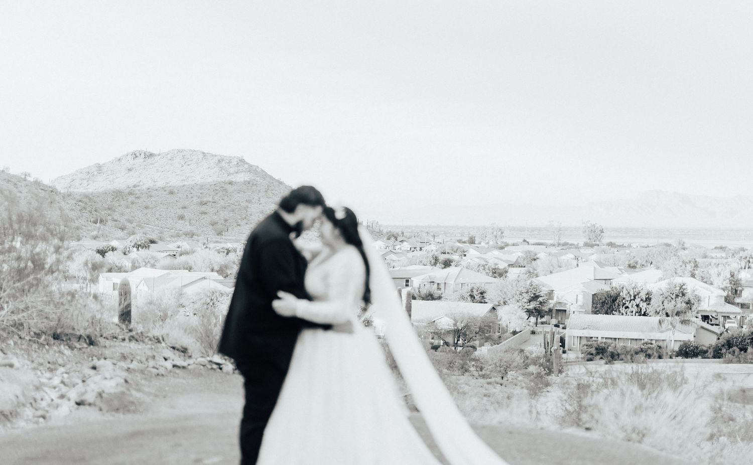 A black and white photograph of a romantic couple in wedding attire embracing on a hilltop overlooking a scenic vista.