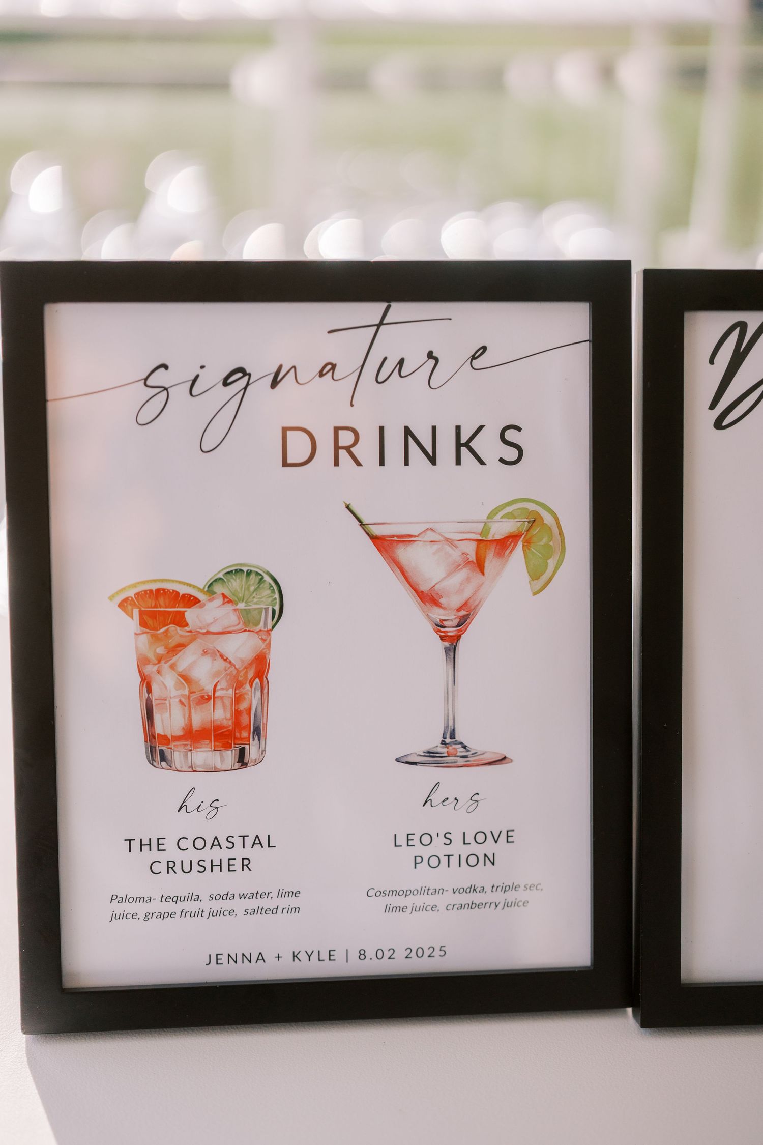Wedding signature cocktail menu displays illustrated drinks including 'The Coastal' and 'Leo's Love' with garnishes.