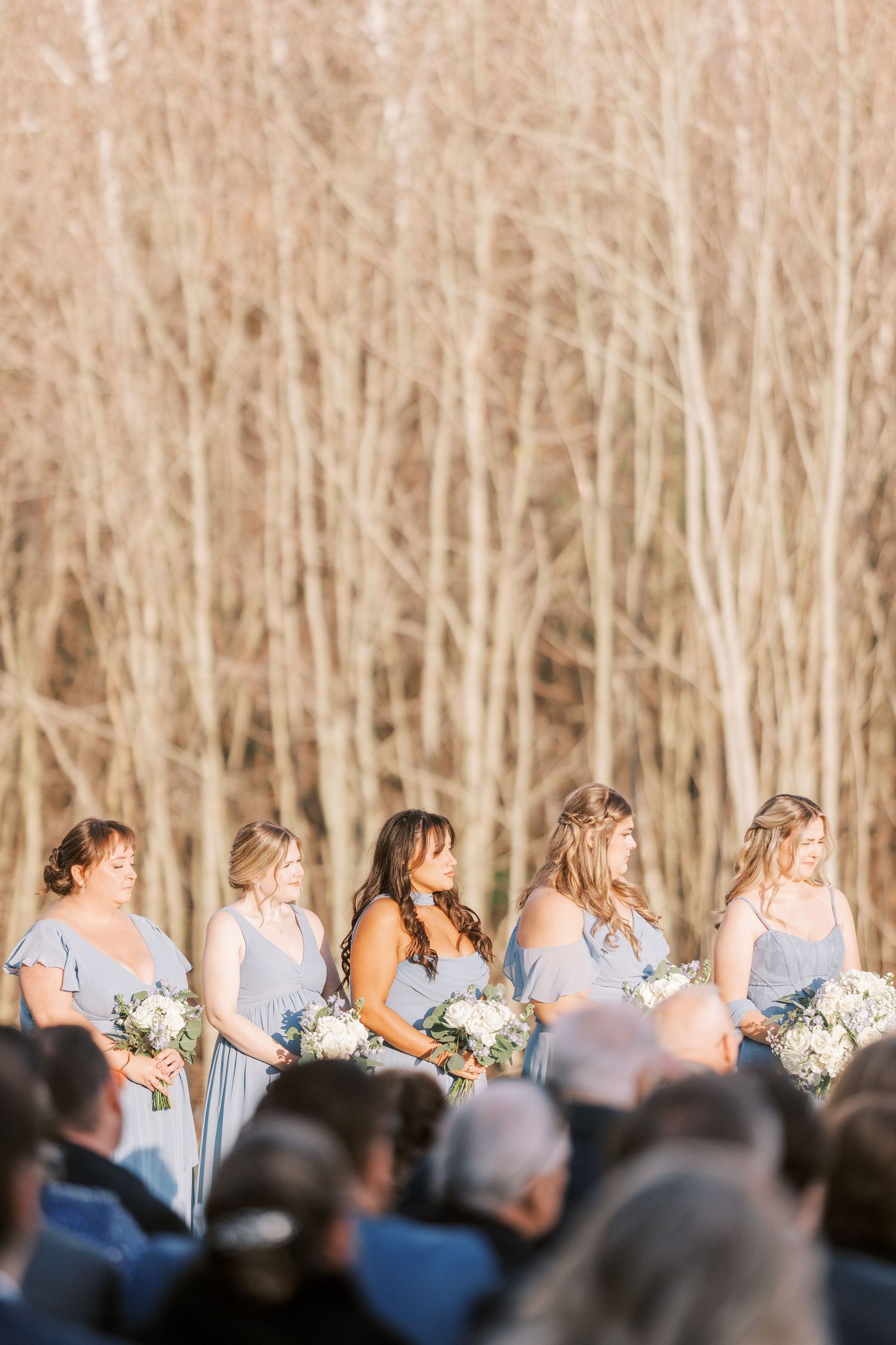 Wedding ceremony outdoors with bridesmaids in light blue dresses standing in front of tall dried reeds.