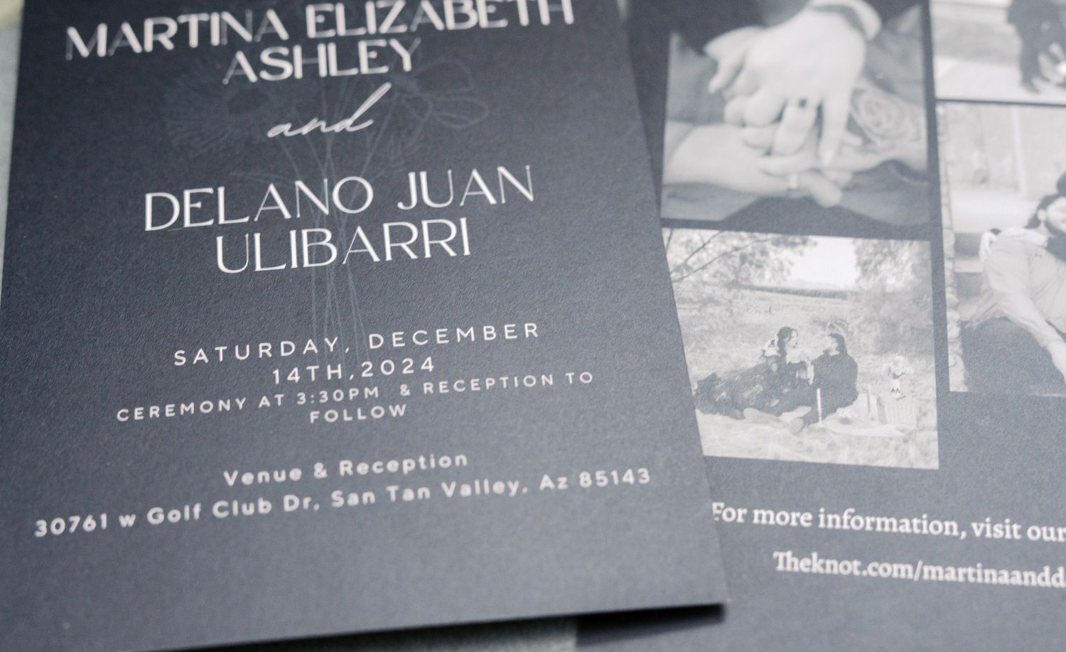 Black and white wedding invitation with vintage photos shows details for a December ceremony at a golf club venue.