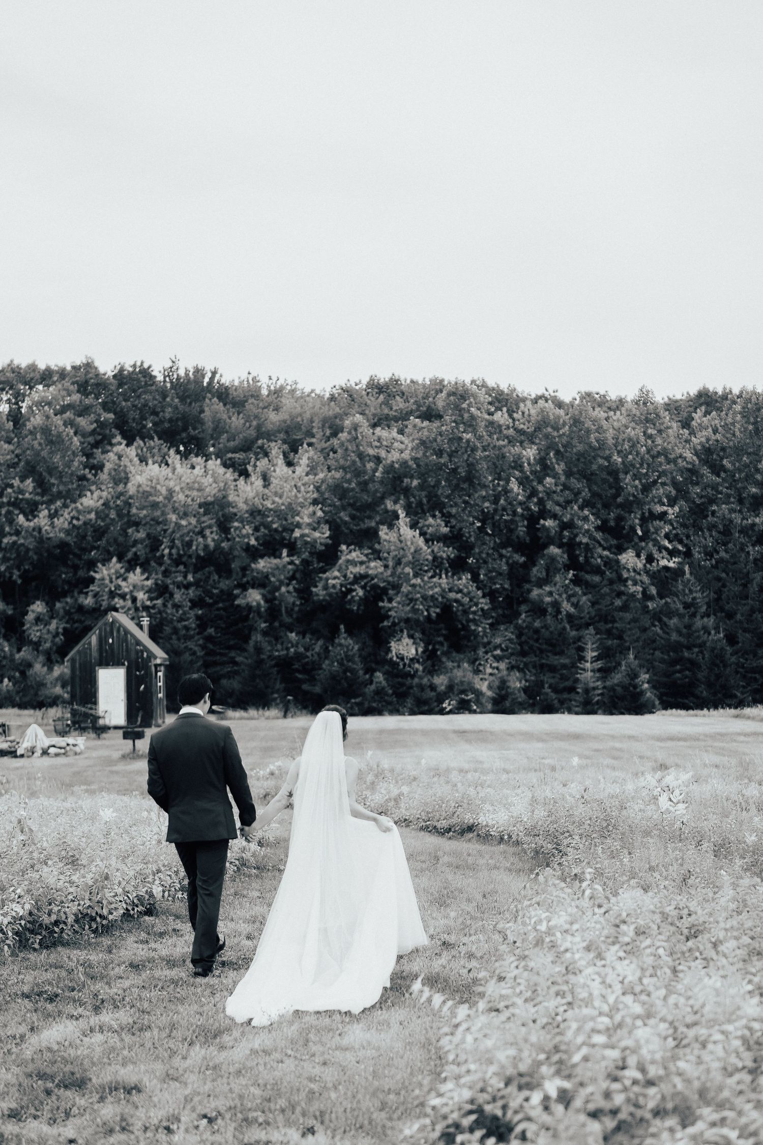 Black and white photo of couple walking through open field toward treeline.