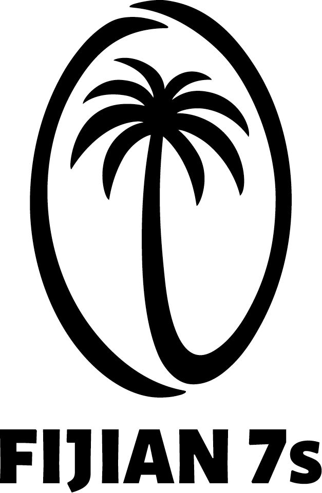Black silhouette of palm tree inside oval shape with Fijian 7s text below.