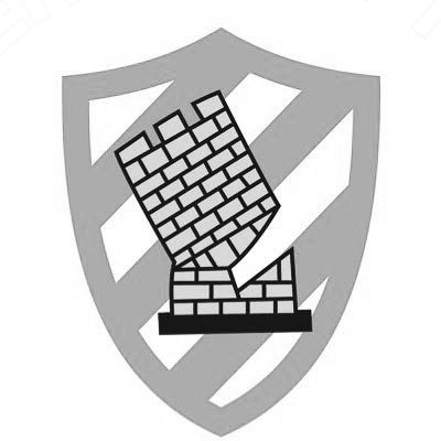 Shield emblem with falling brick wall pattern in gray and white.