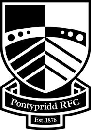 Black and white shield logo for Pontypridd Rugby Football Club established in 1876.