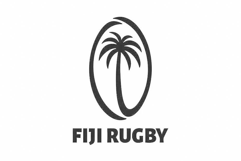Fiji Rugby official logo featuring a palm tree inside an oval rugby ball shape in dark gray.