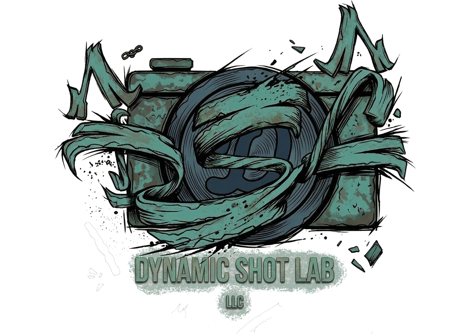 Abstract green digital artwork design with dynamic shot lab text.