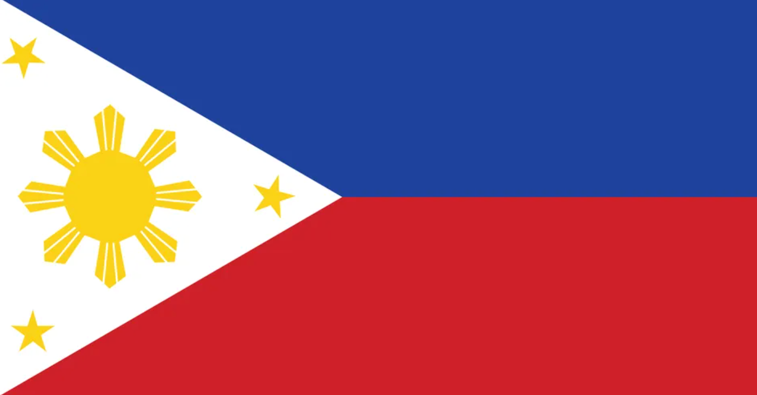 Flag of the Philippines featuring a white triangle, blue and red horizontal stripes, a golden sun, and three stars.