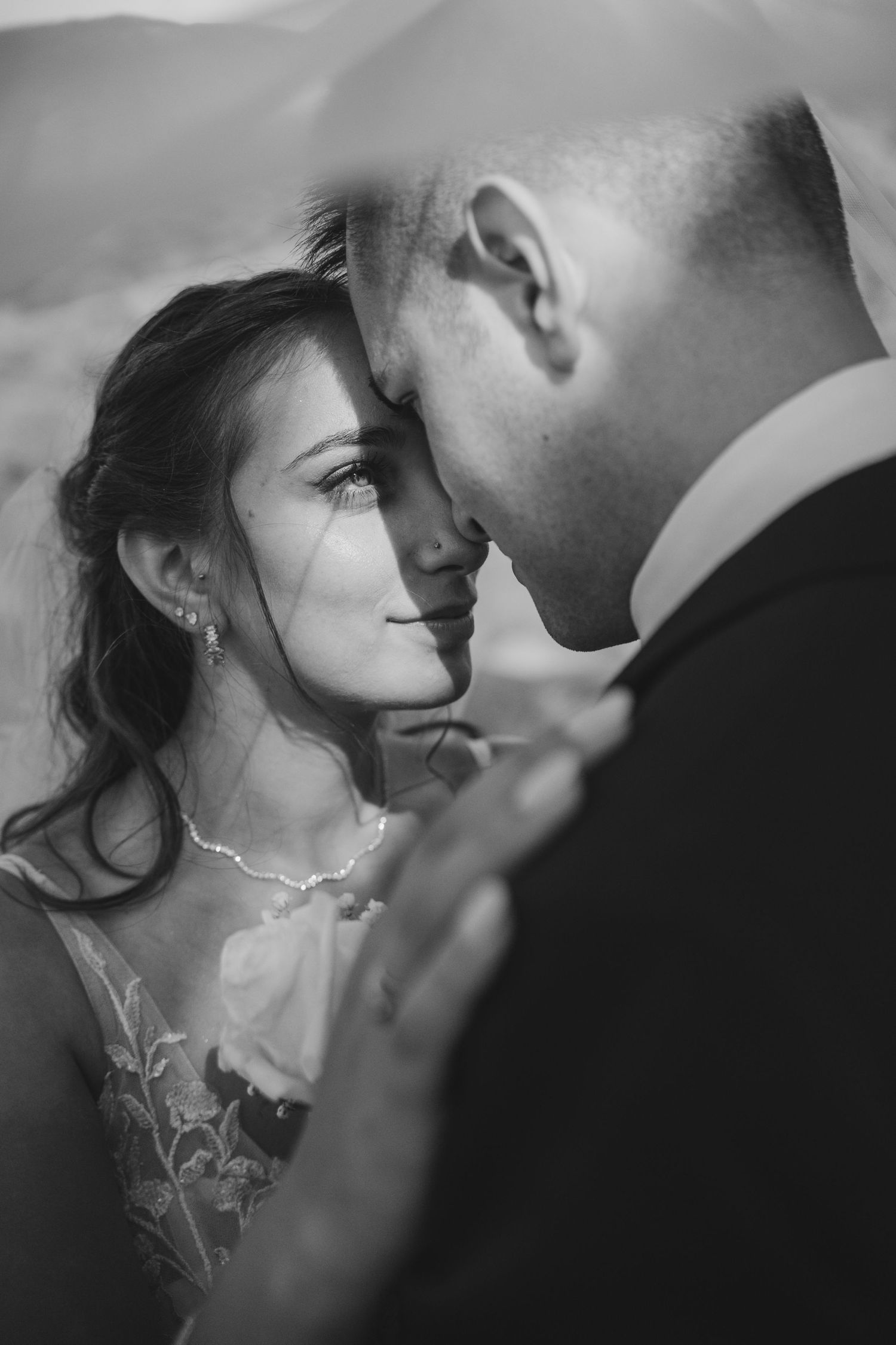 Bride and groom in tender black and white moment – emotional São Miguel wedding session