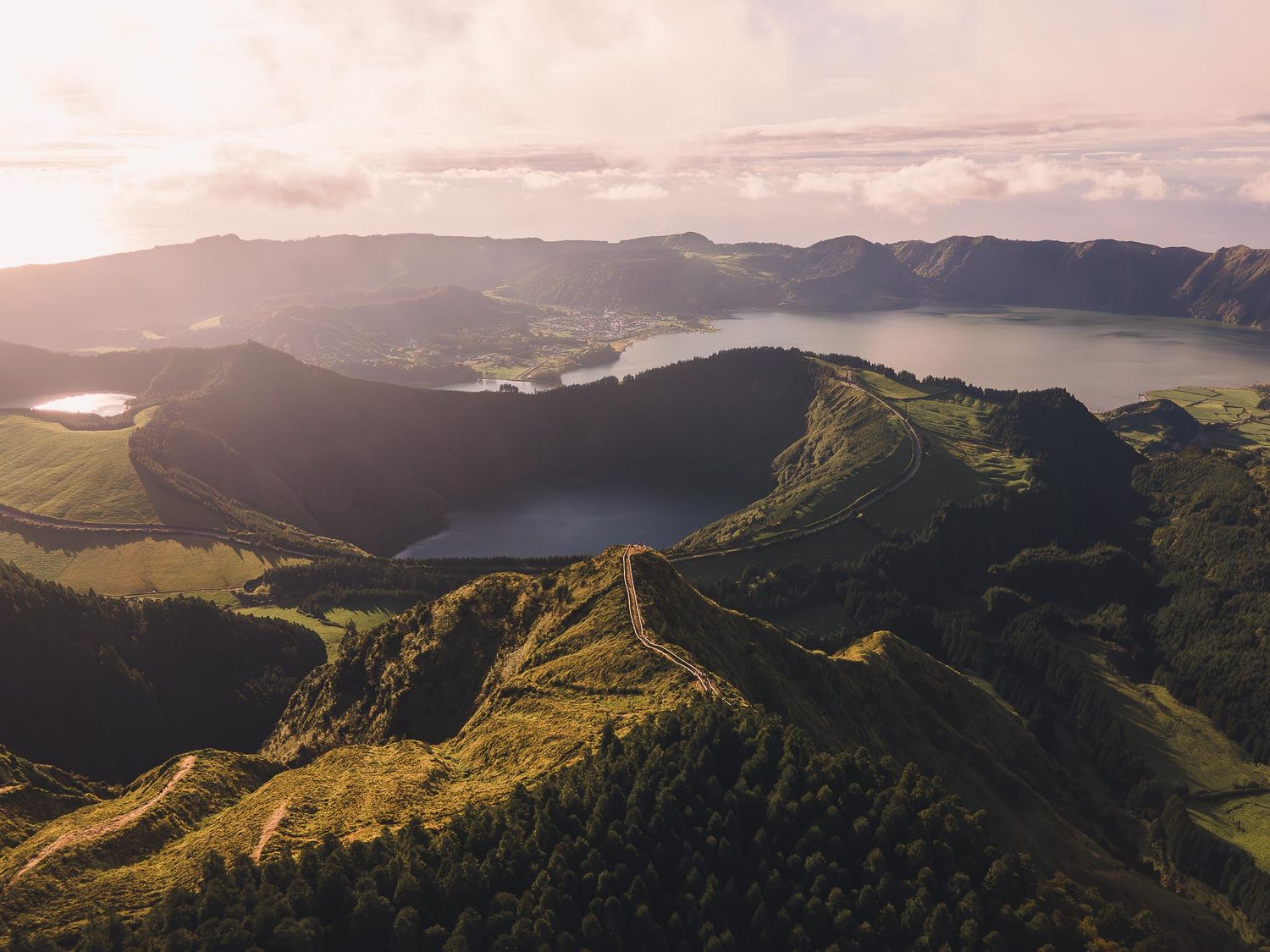 Panoramic aerial view of Sete Cidades – dramatic São Miguel landscape for elopement backdrop in the Azores