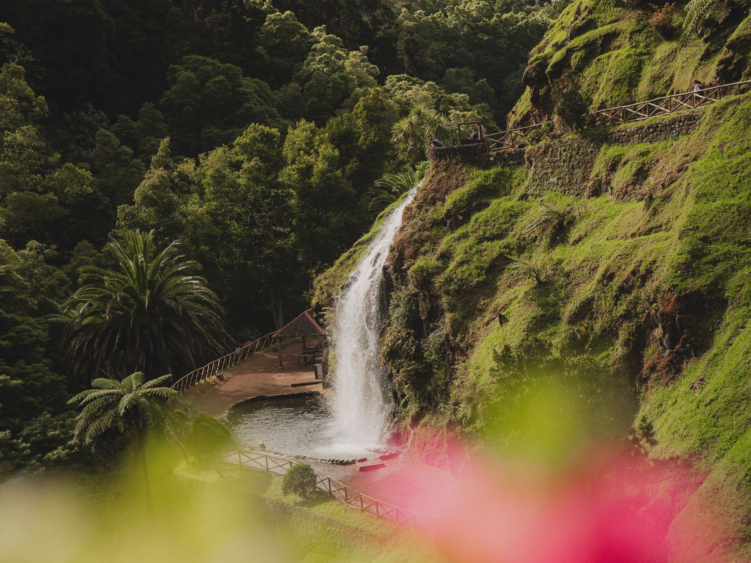 Scenic waterfall cascades down a lush green mountainside with hiking trail and palm trees in tropical setting.