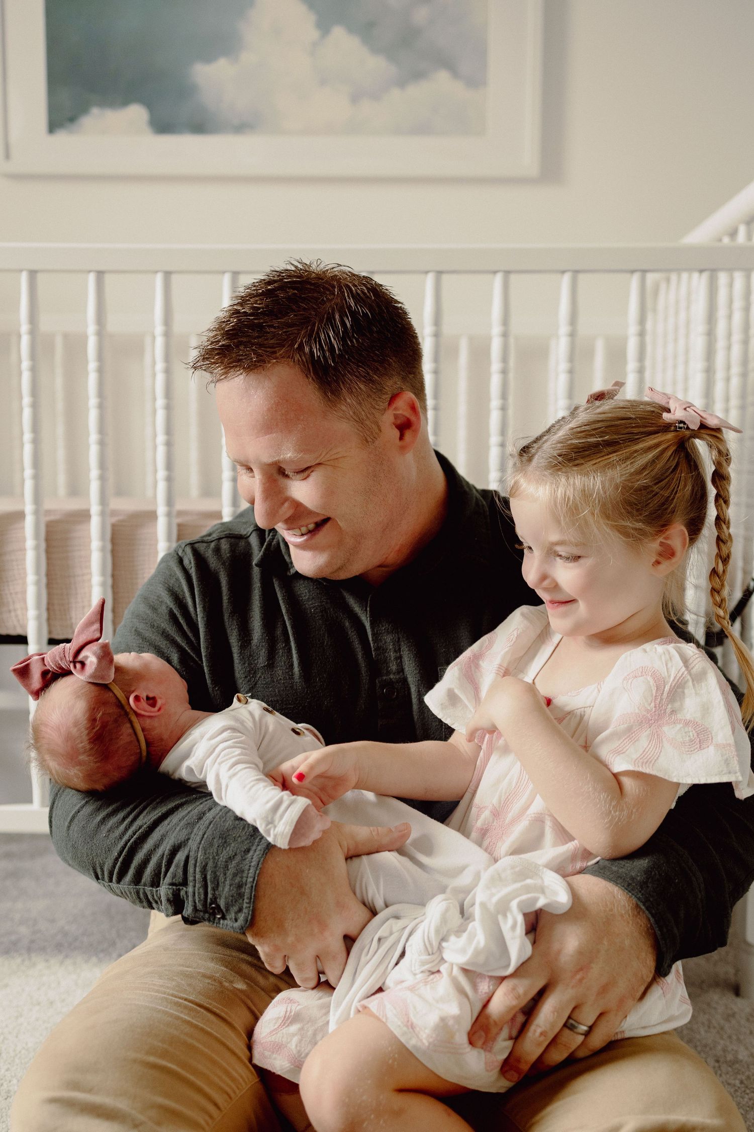 A heartwarming series of candid family moments showing tender interactions between parent and child on a couch.