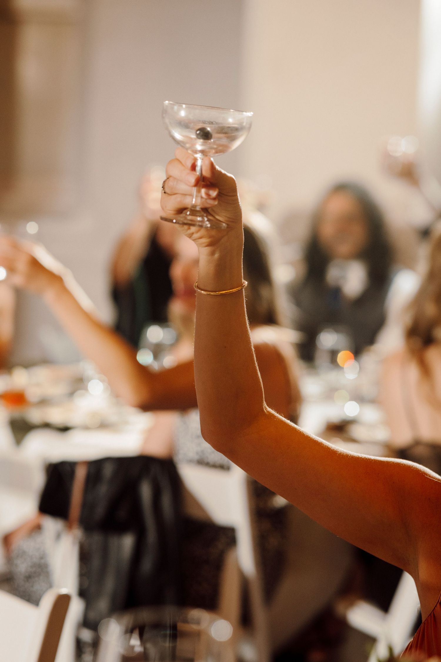 Wedding guests raising champagne glasses in a celebratory toast.
