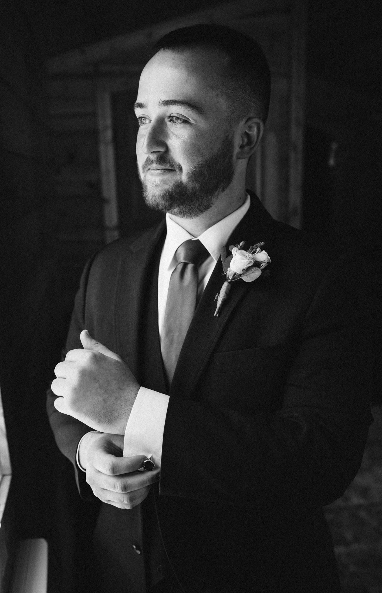 Black and white portrait series showing details of formal attire and accessories.