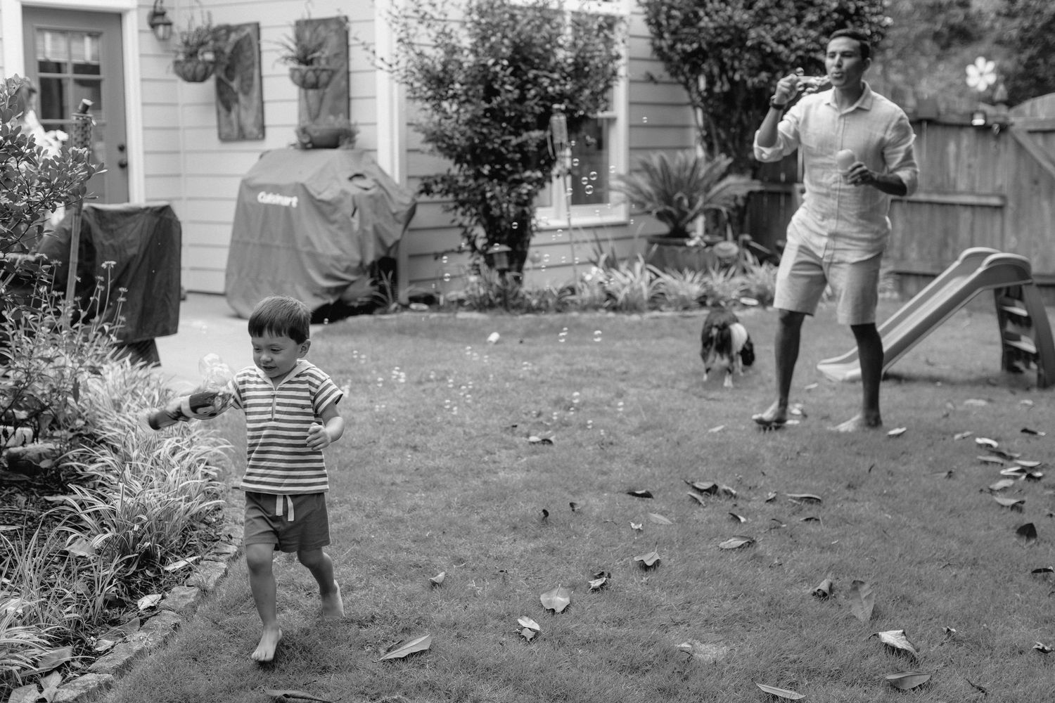 A sequence of black and white photographs showing people playing a game of croquet in a backyard garden setting.