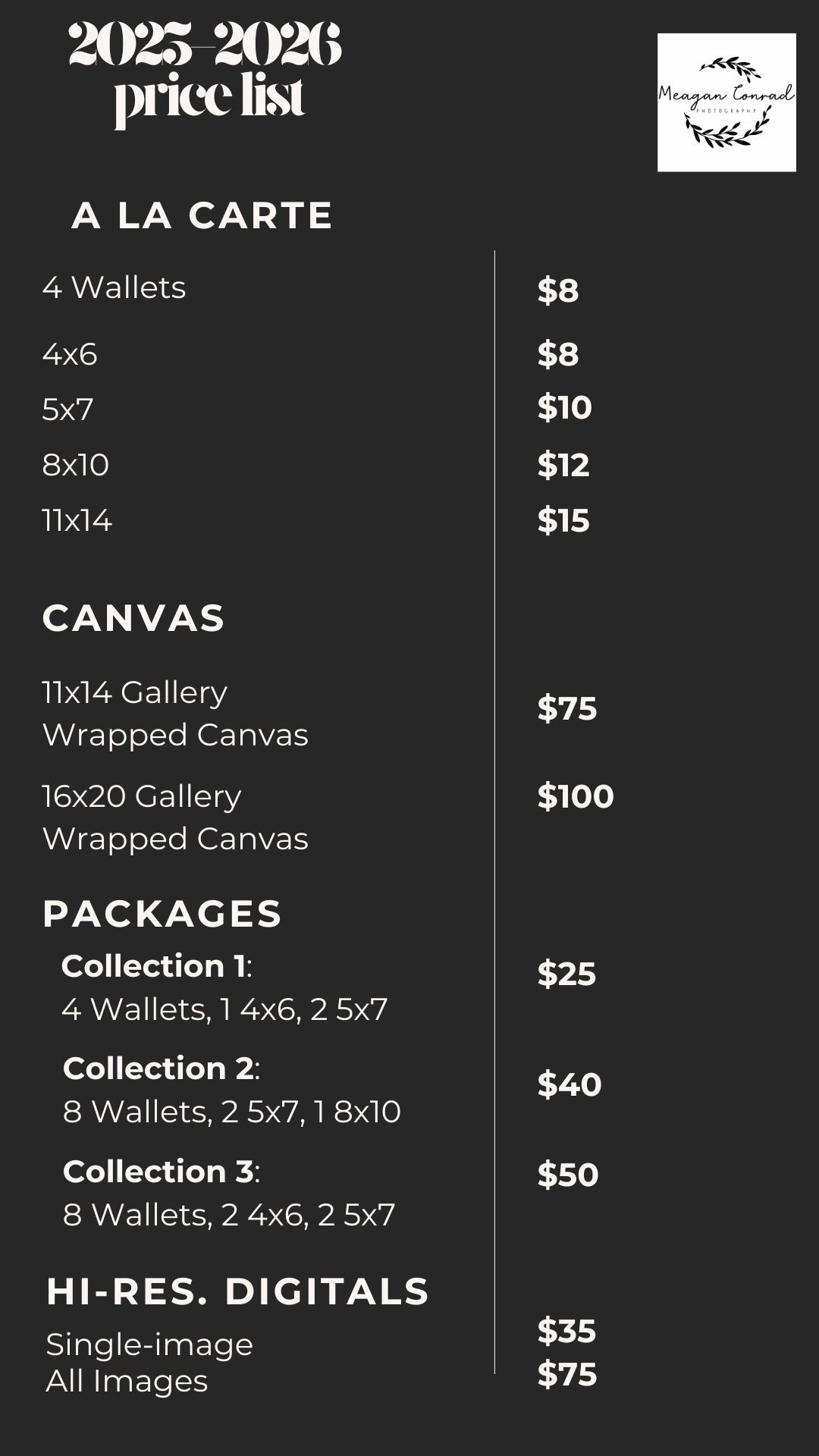 A black and white photography price list showing various print sizes and packages with costs ranging from $8 to $100.