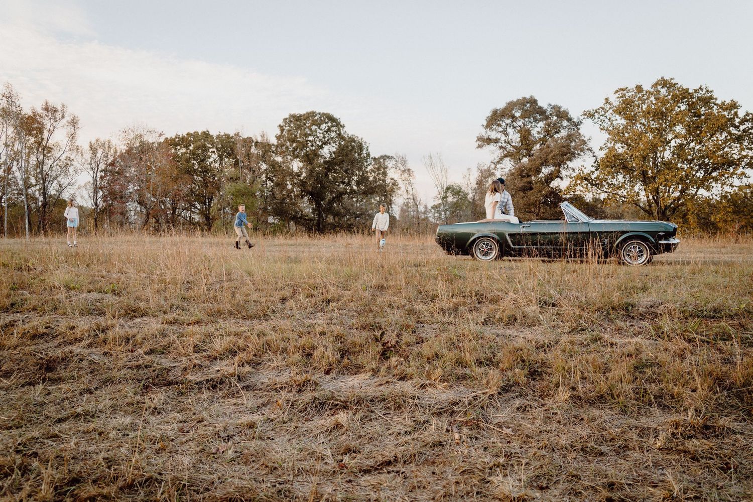 A classic blue Ford Mustang parked in a golden autumn field during sunset creates a nostalgic rural scene.
