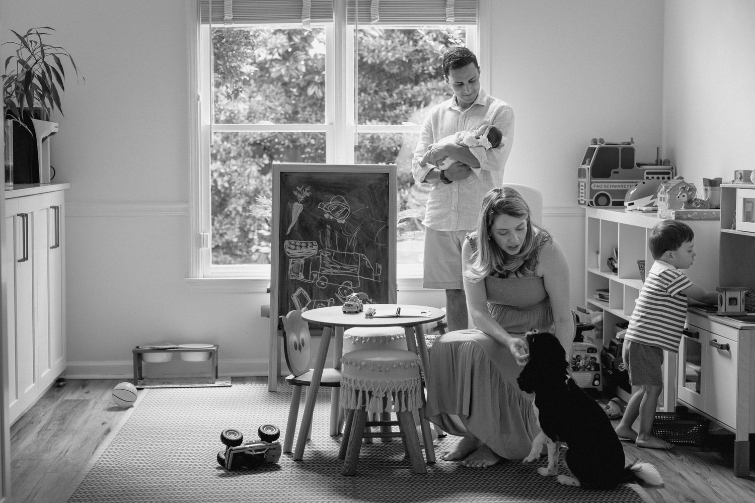 A black and white photo montage showing interior scenes of daily life and activities in a home environment.