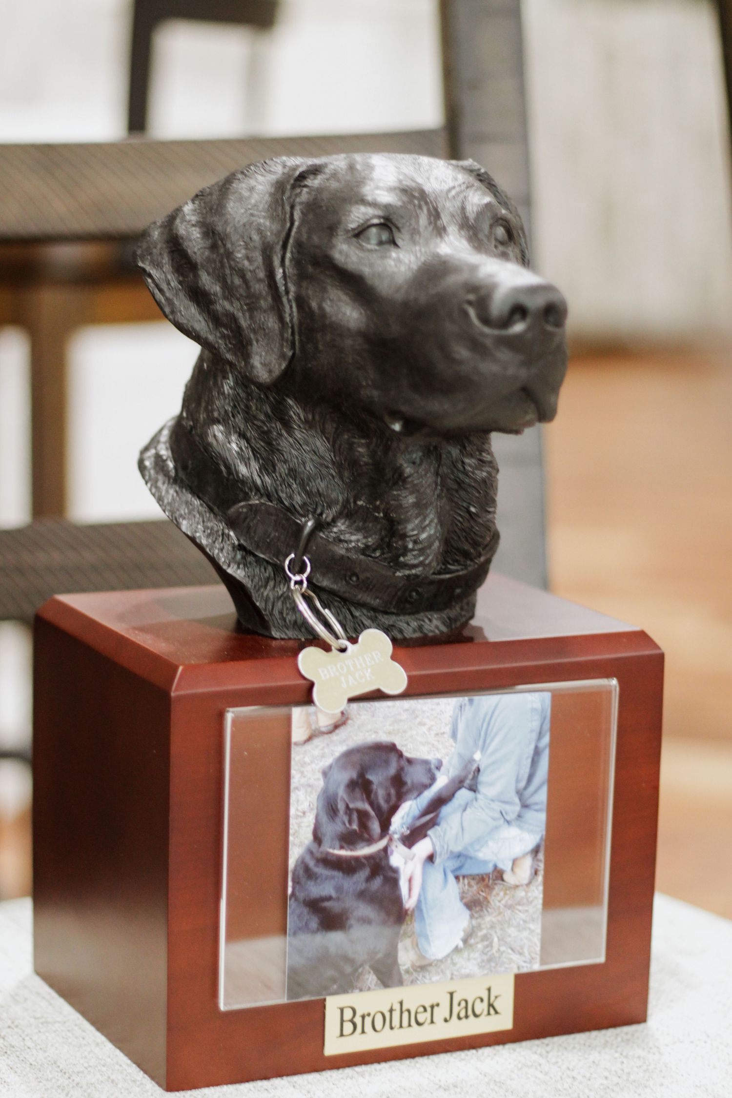 A decorative bronze Labrador dog bust on a wooden memorial box with a photo frame.