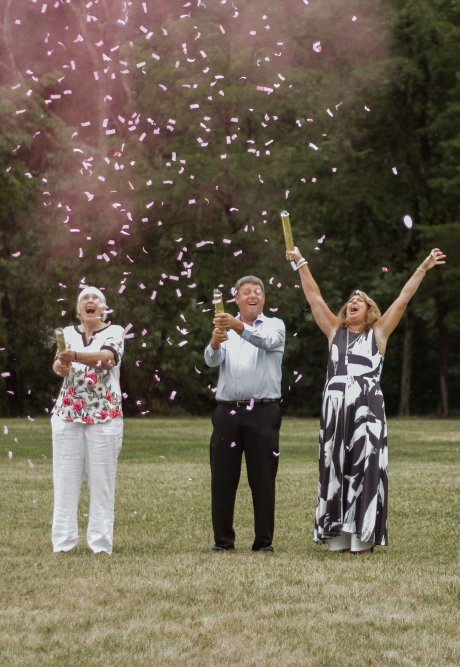 A series of four photos showing a couple celebrating with confetti being thrown in an outdoor setting.