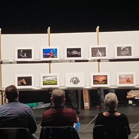 Three people viewing a photography exhibition with framed prints displayed on white boards on stage.