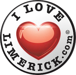 I Love Limerick circular logo with a red heart and bold text on a white badge with black border.