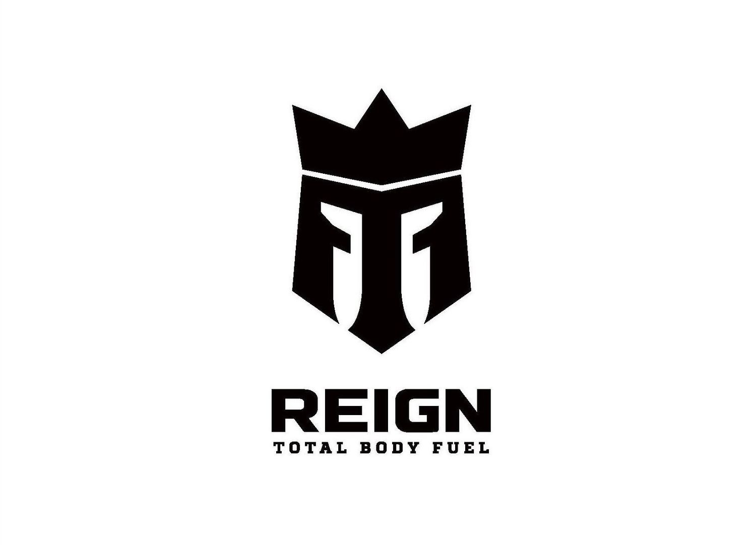 Reign Total Body Fuel logo featuring a black crown and helmet shield design with bold typography.