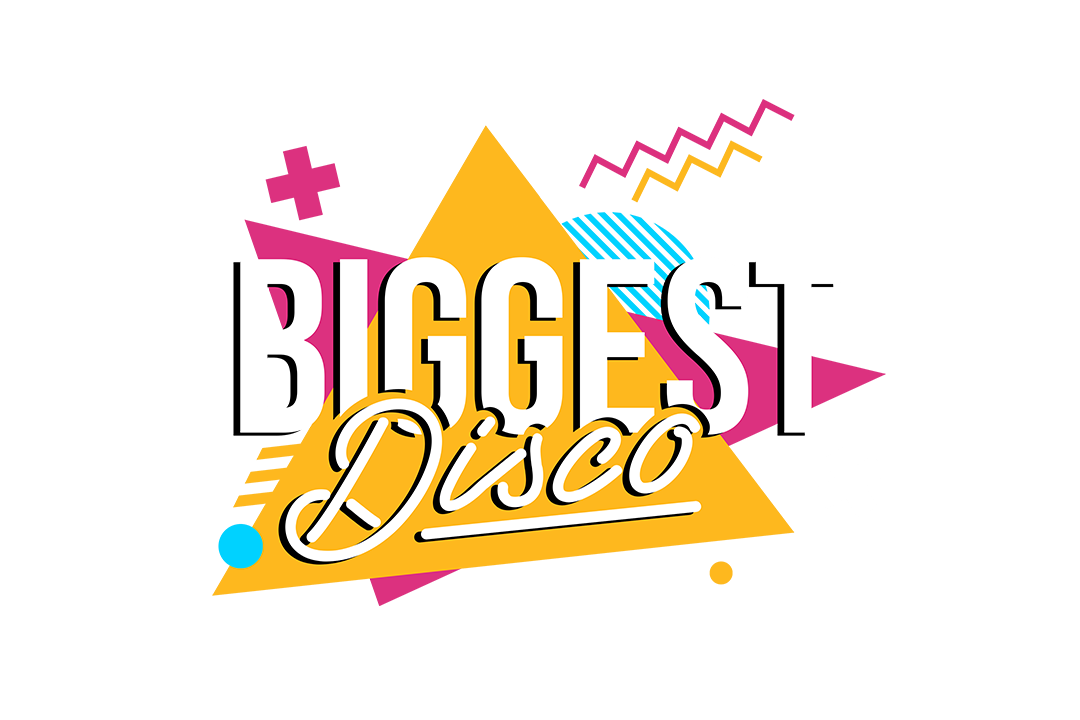 Biggest Disco retro-style logo with bold typography, yellow triangle, and colorful geometric shapes on white background.