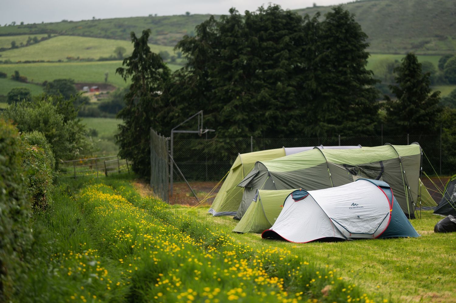 Green camping tents set up on a grassy hillside with scenic countryside views.
