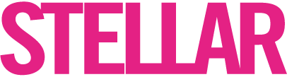 Stellar magazine logo in bold pink typography on a white background.