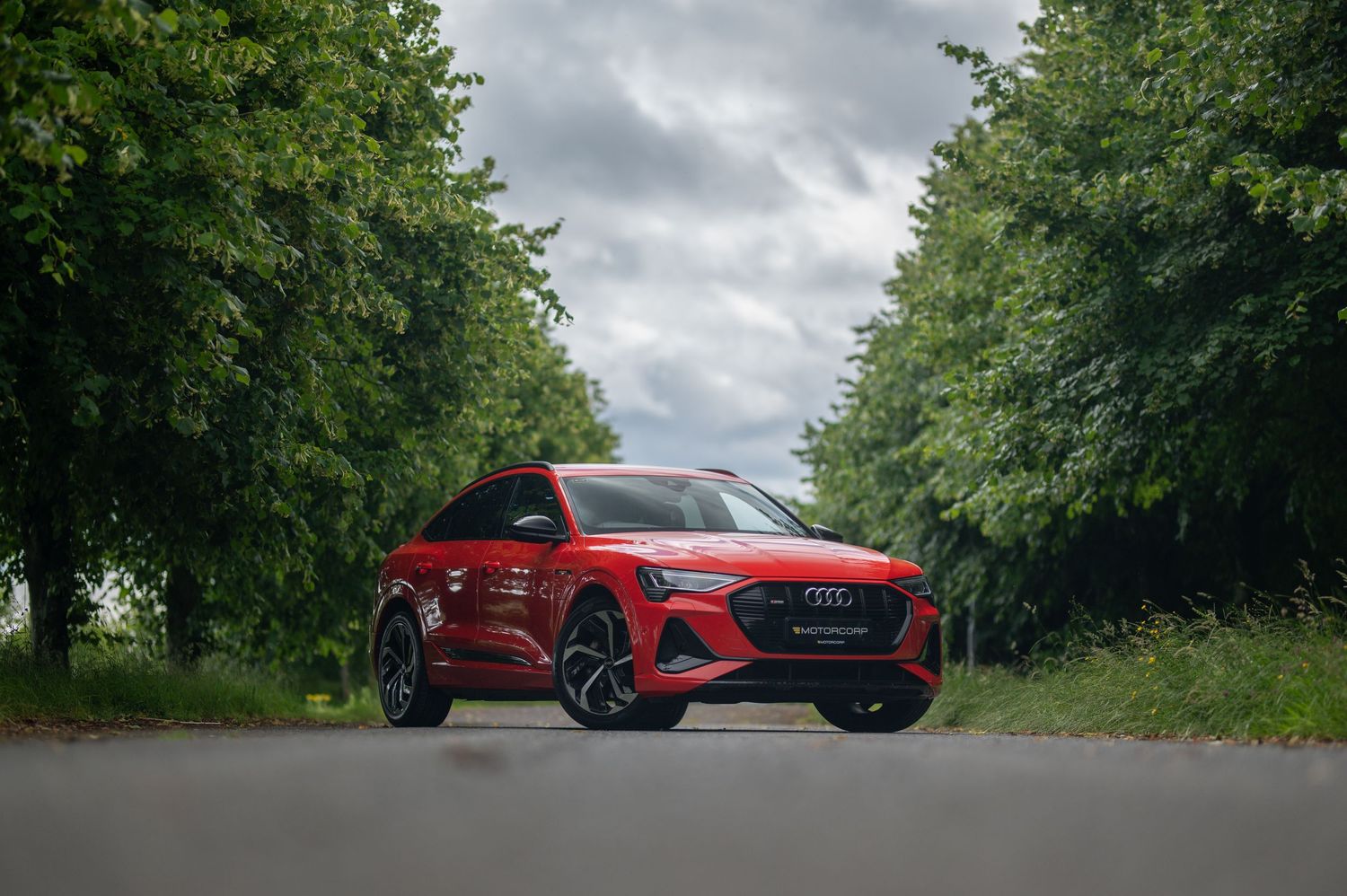 Red Audi SUV parked on tree-lined road under cloudy skies.