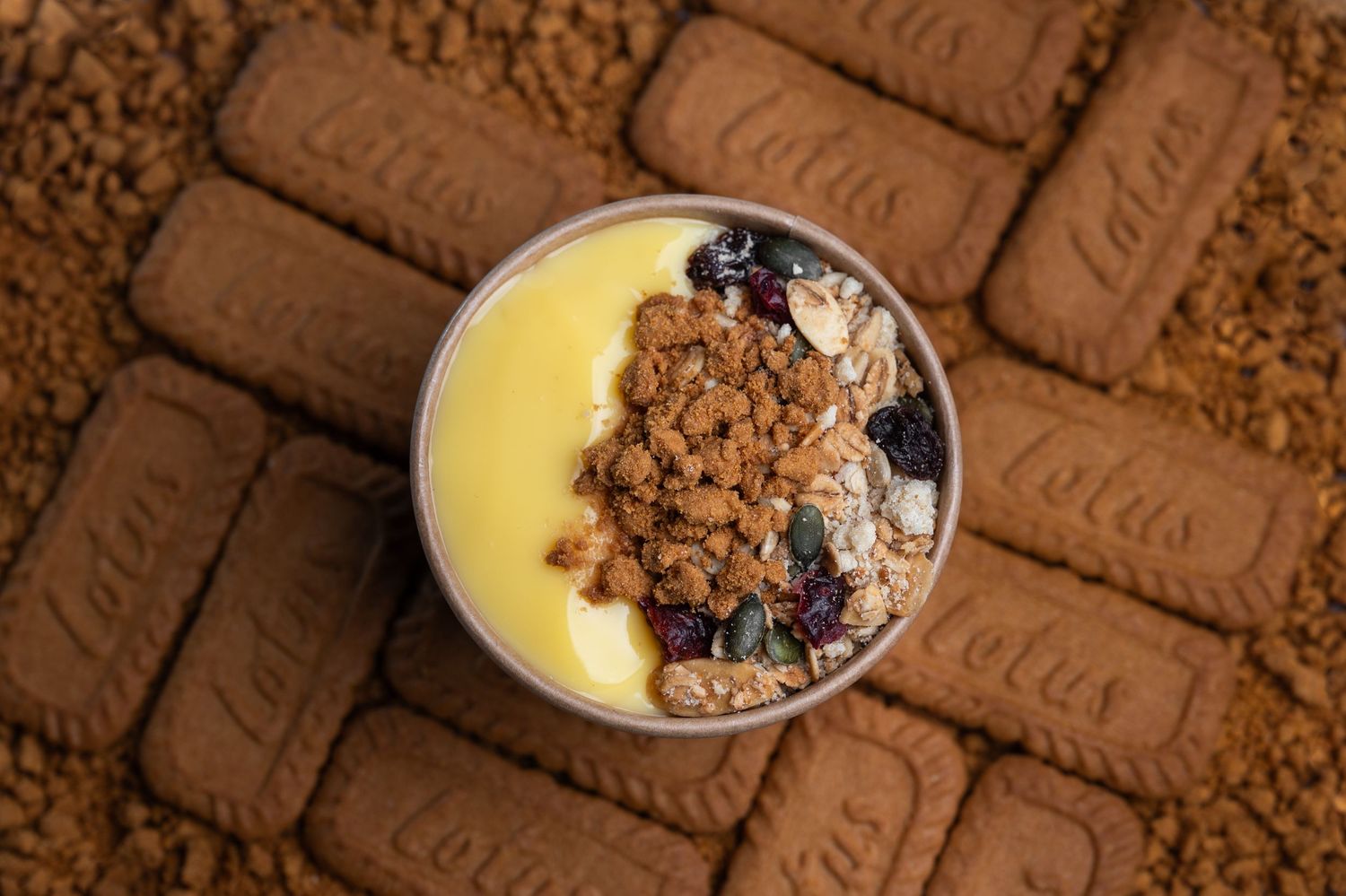 A creamy yogurt parfait topped with granola and blueberries surrounded by Lotus Biscoff cookies.