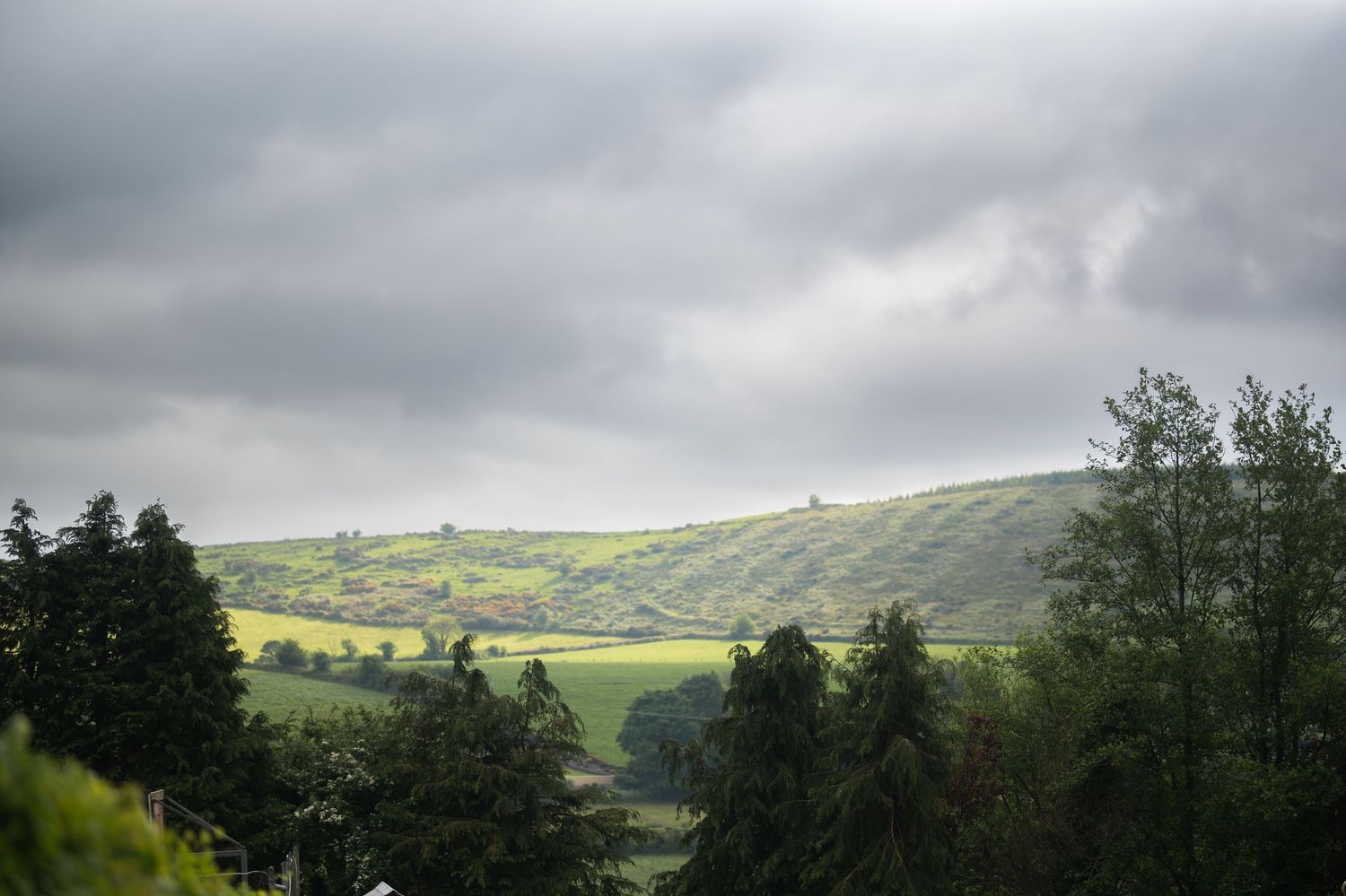 Rolling green hills under dramatic cloudy skies with lush trees in the foreground, countryside landscape.
