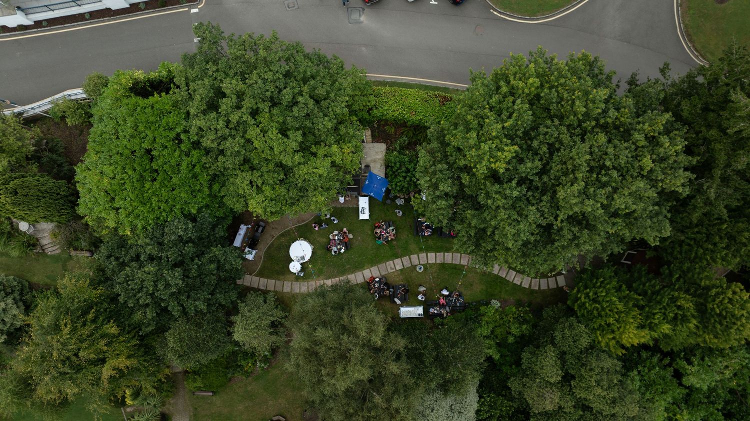 Aerial drone view of a winding wooden boardwalk path through lush green trees with a small gathering of people below.