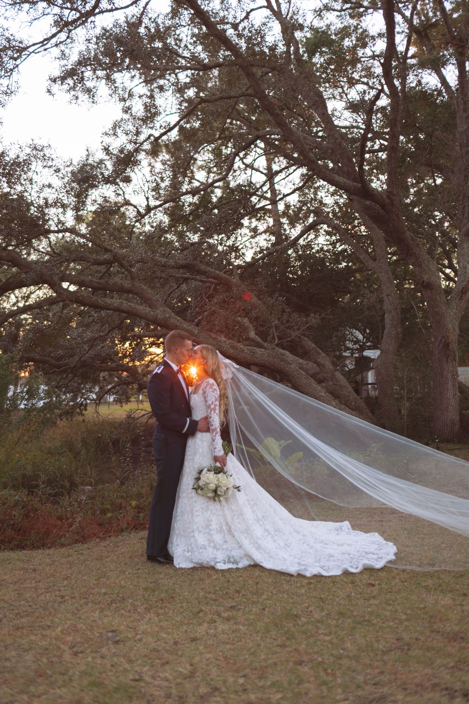 Bride and groom share romantic sunset kiss with veil flowing beneath large oak tree.