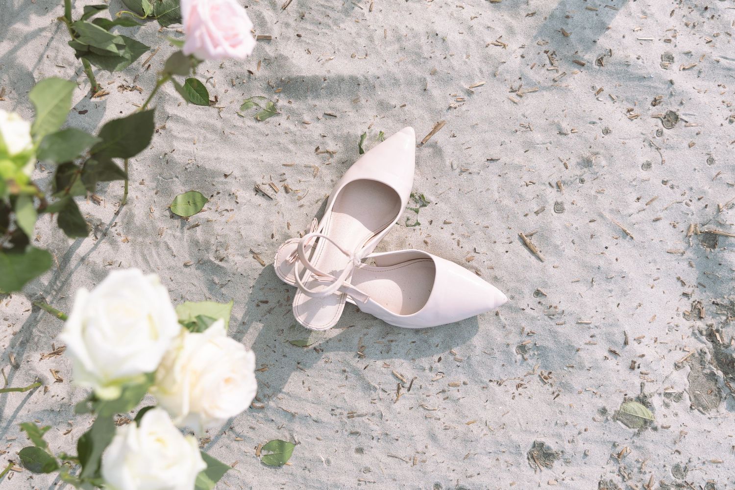 White bridal heels with bow detail resting on sandy beach beside white roses.