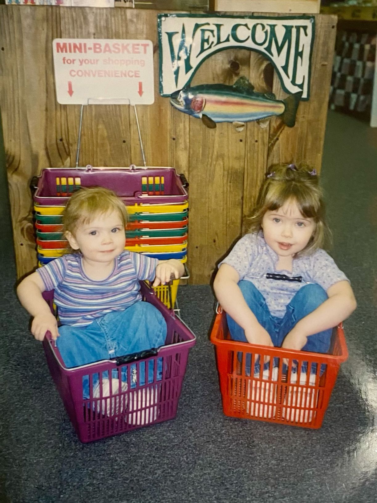 Two toddlers sitting inside colorful mini shopping baskets at a store entrance.