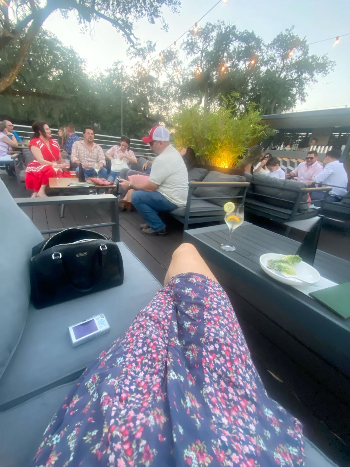 Guests relaxing on modern rooftop lounge furniture at sunset with string lights and greenery.