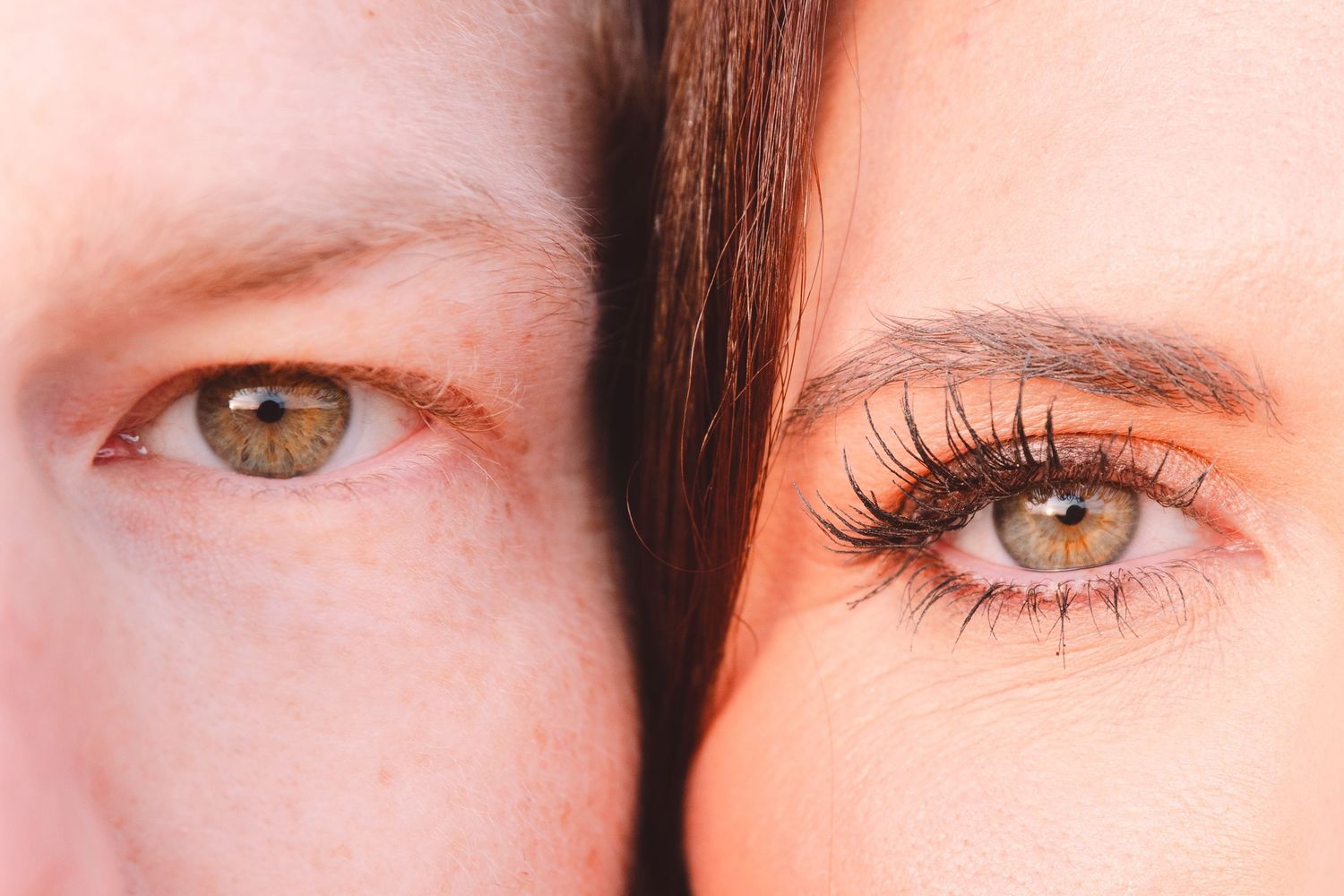 Close-up of two people with hazel eyes side by side, one with long mascara lashes, showcasing eye detail.