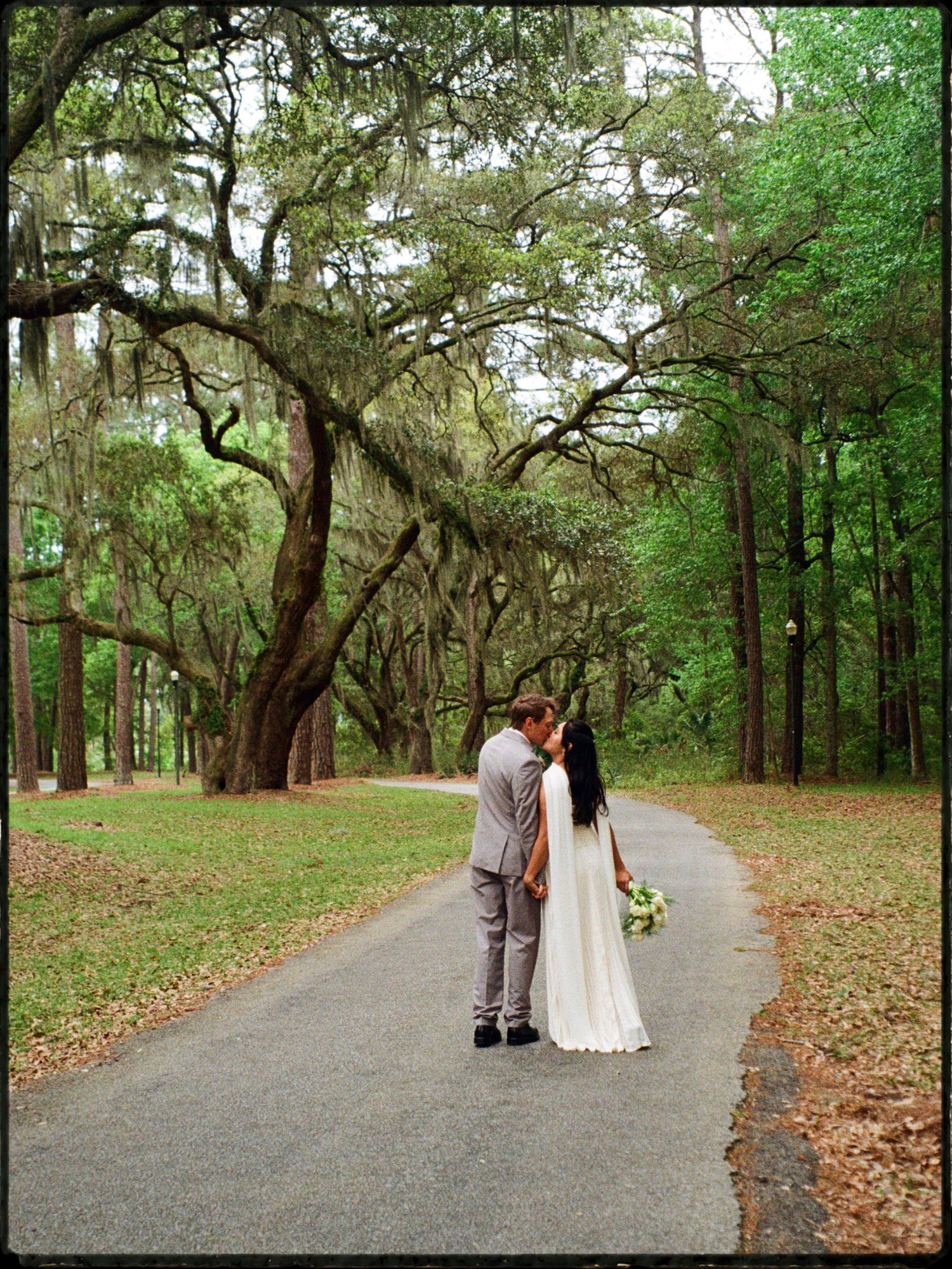 Couple shares wedding kiss on tree-lined path draped with Spanish moss in lush green park.