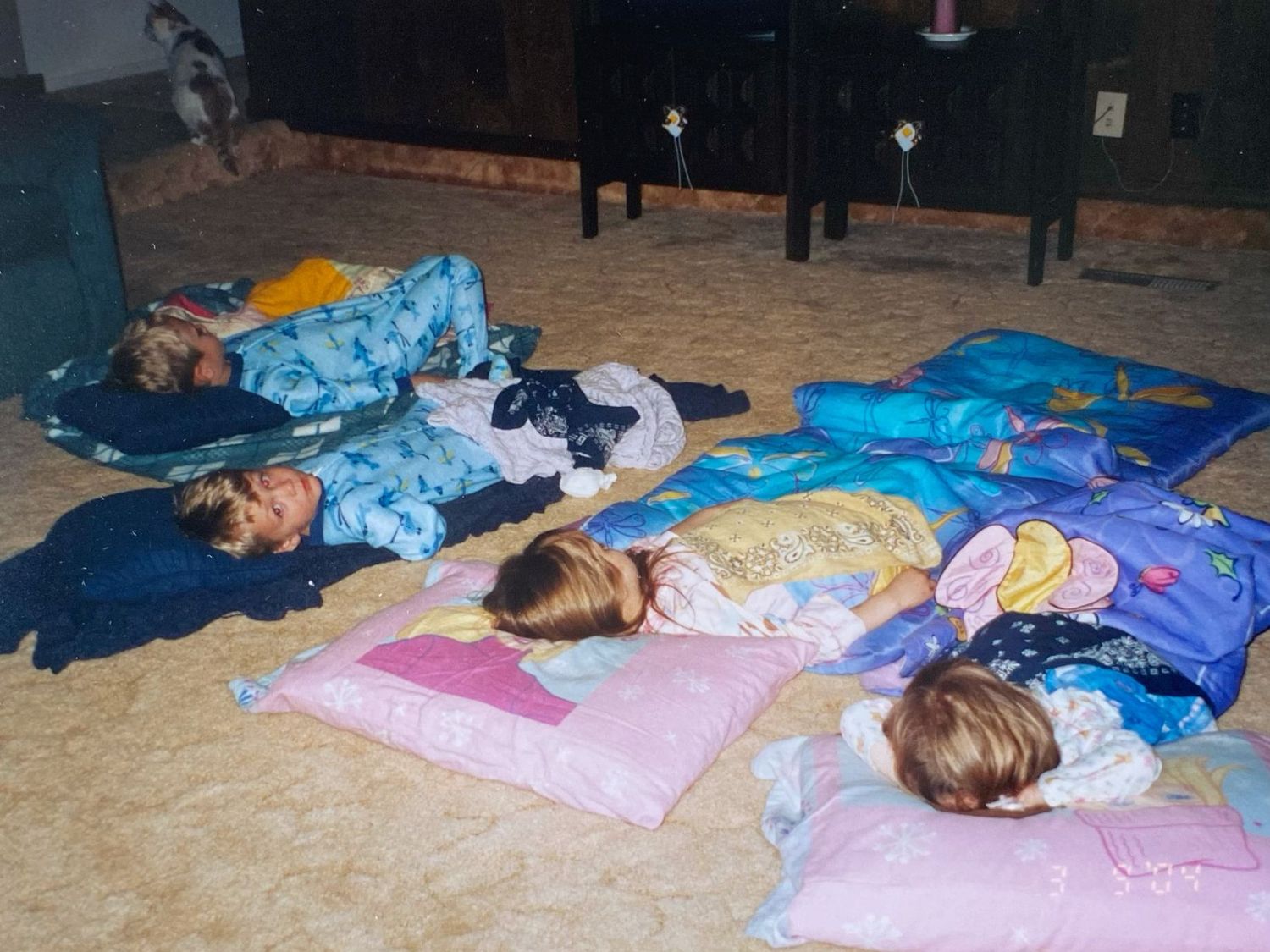 Four young children sleeping on sleeping bags and pillows on the floor during a cozy slumber party.