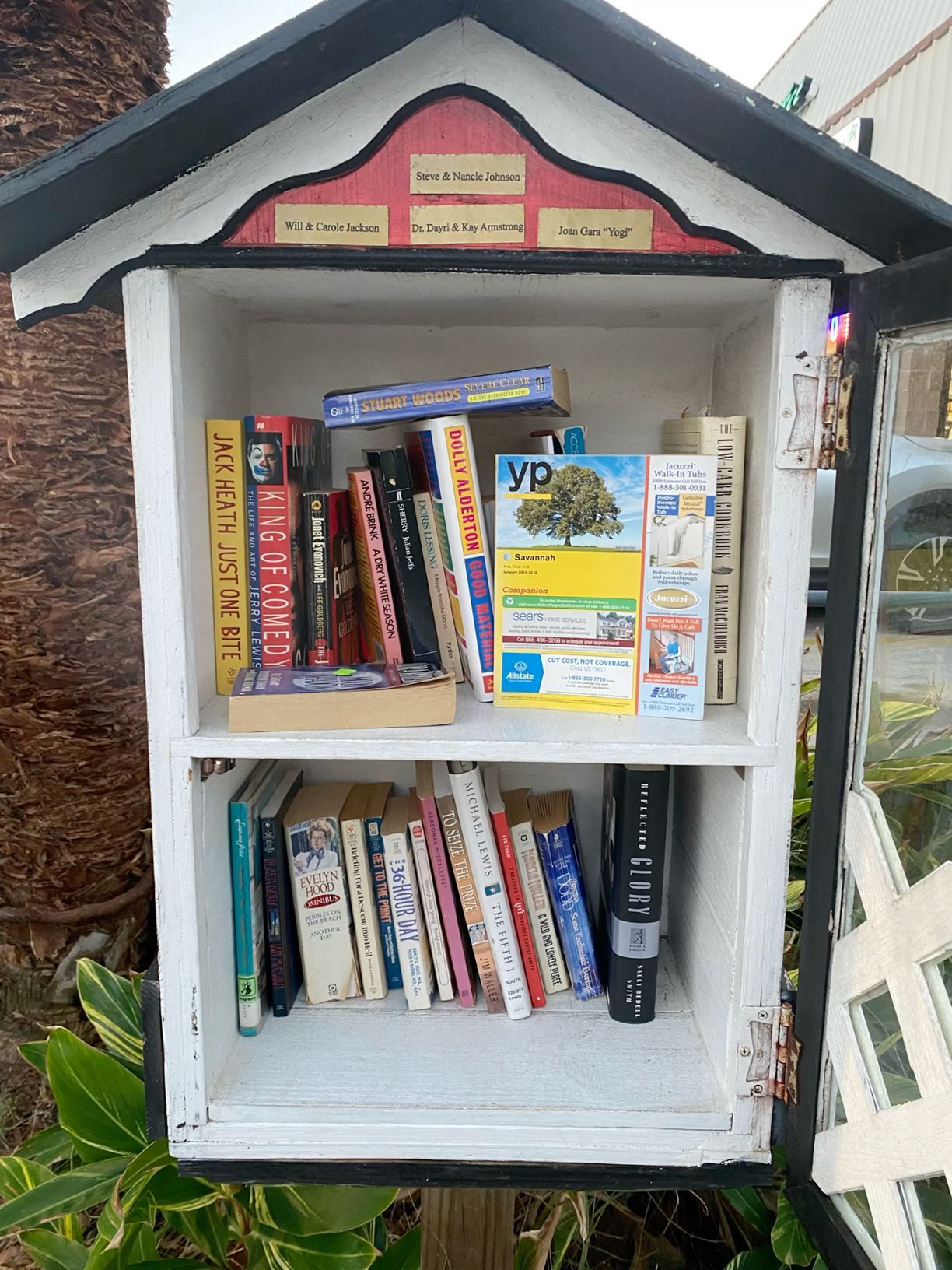 A Little Free Library wooden house filled with books on two shelves outdoors.